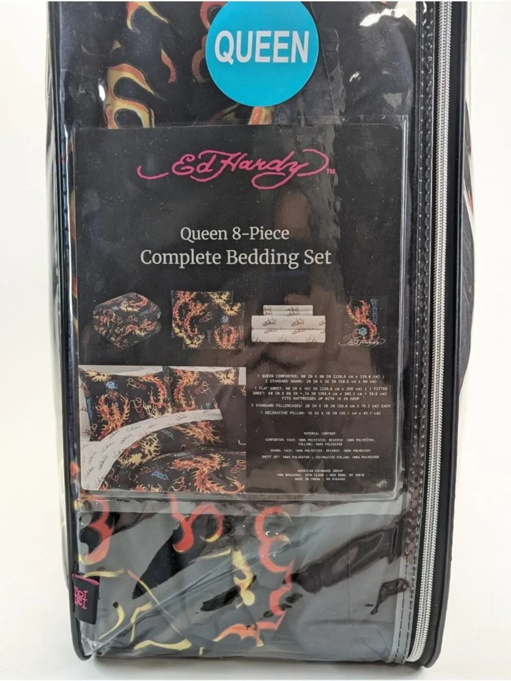 Ed Hardy Queen Comforter Set Shams Pillow Sheets w Black Roses Flames Black